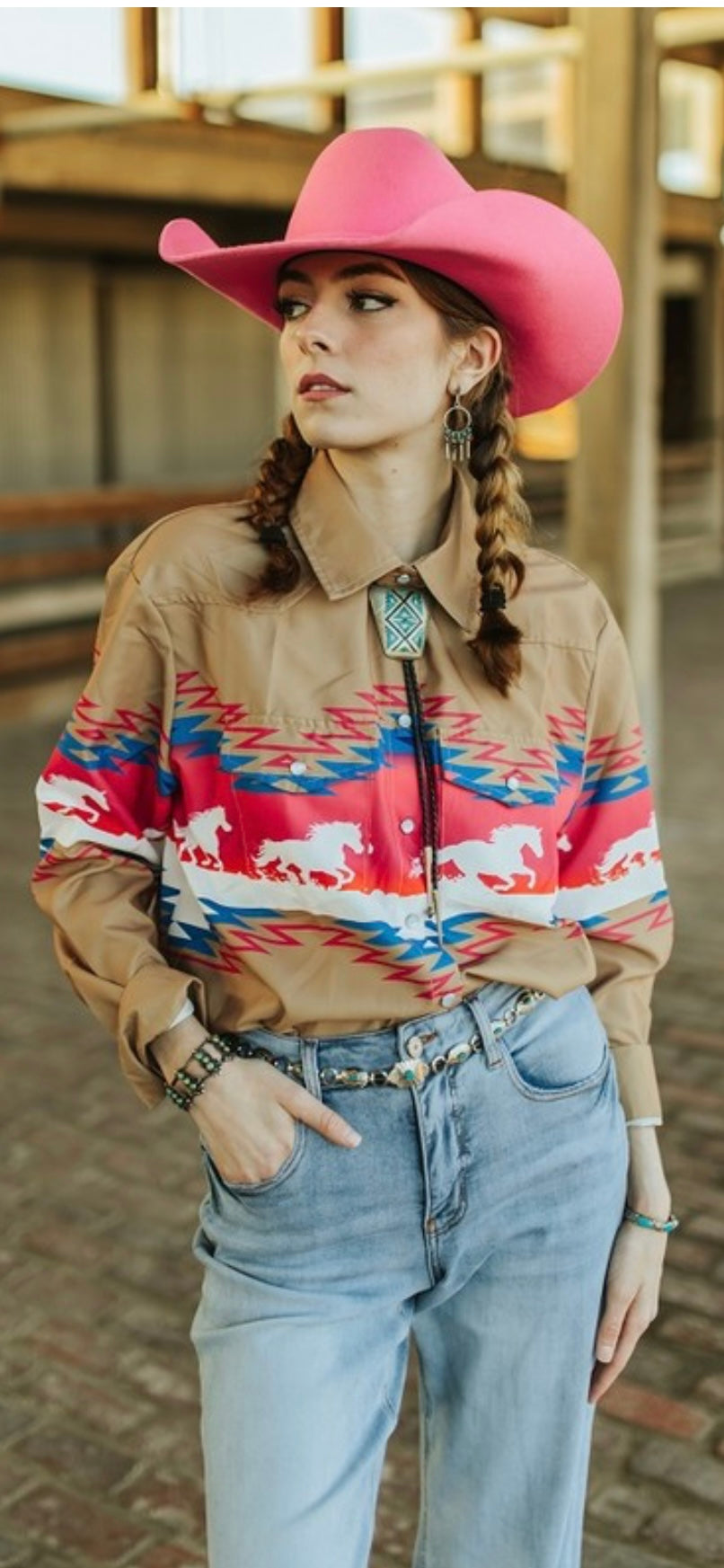Plus size Pink horse aztec button down top