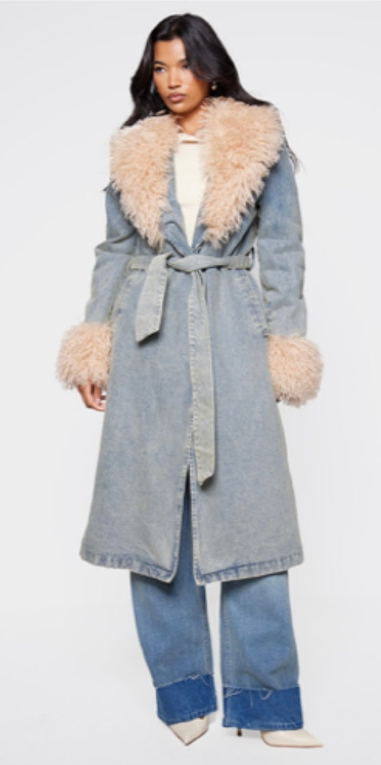 Denim Faux fur trim belted trench coat