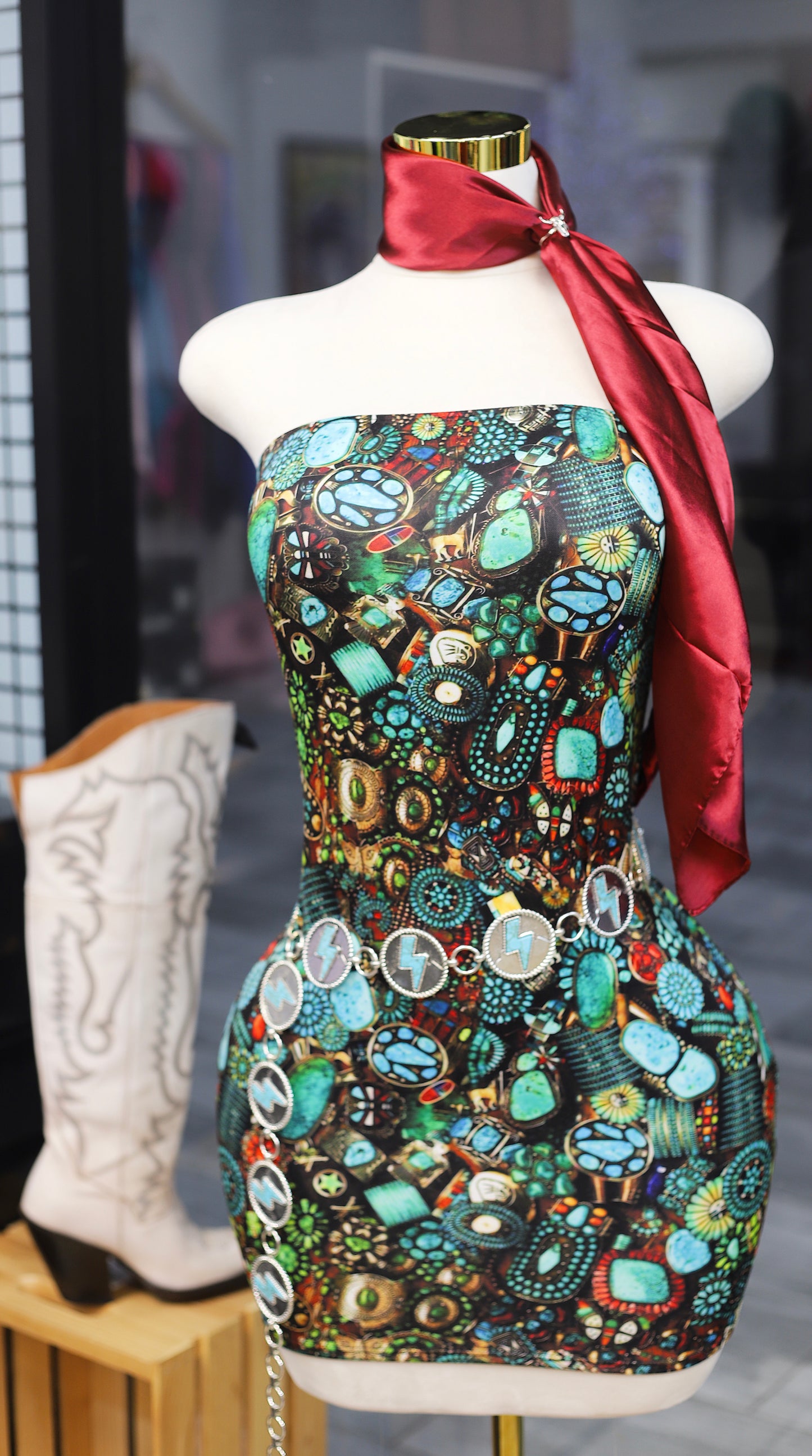 Turquoise Stone Strapless Dress