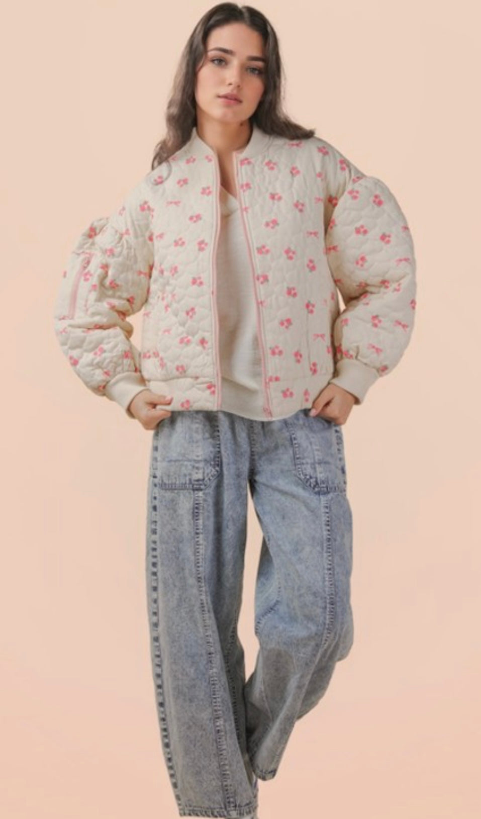 Pink Floral Printed Quilted Jacket