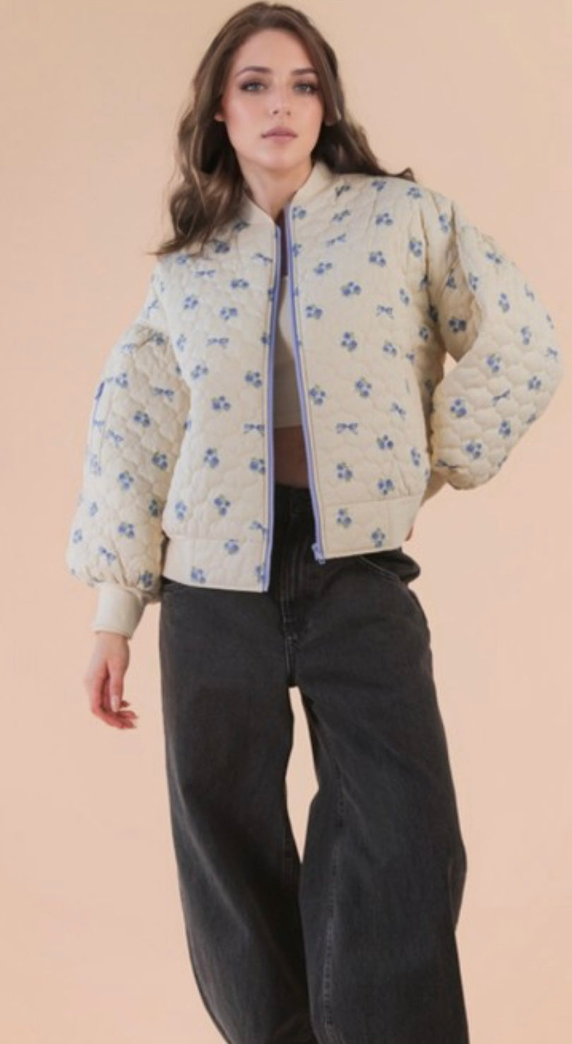 Blue Floral Print Quilted Jacket