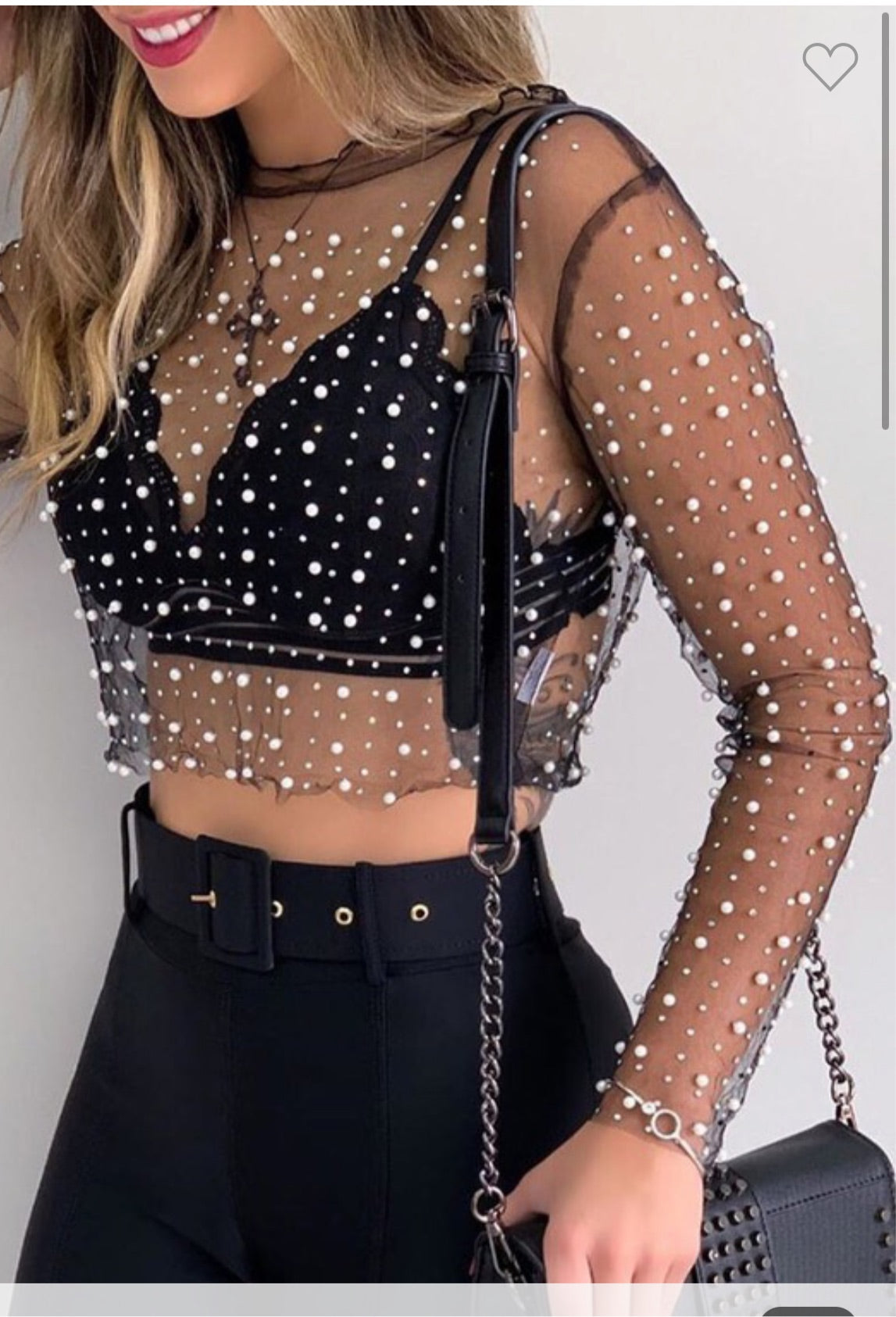 Full Pearl Embellished Sheer Mesh Top in Black Black M