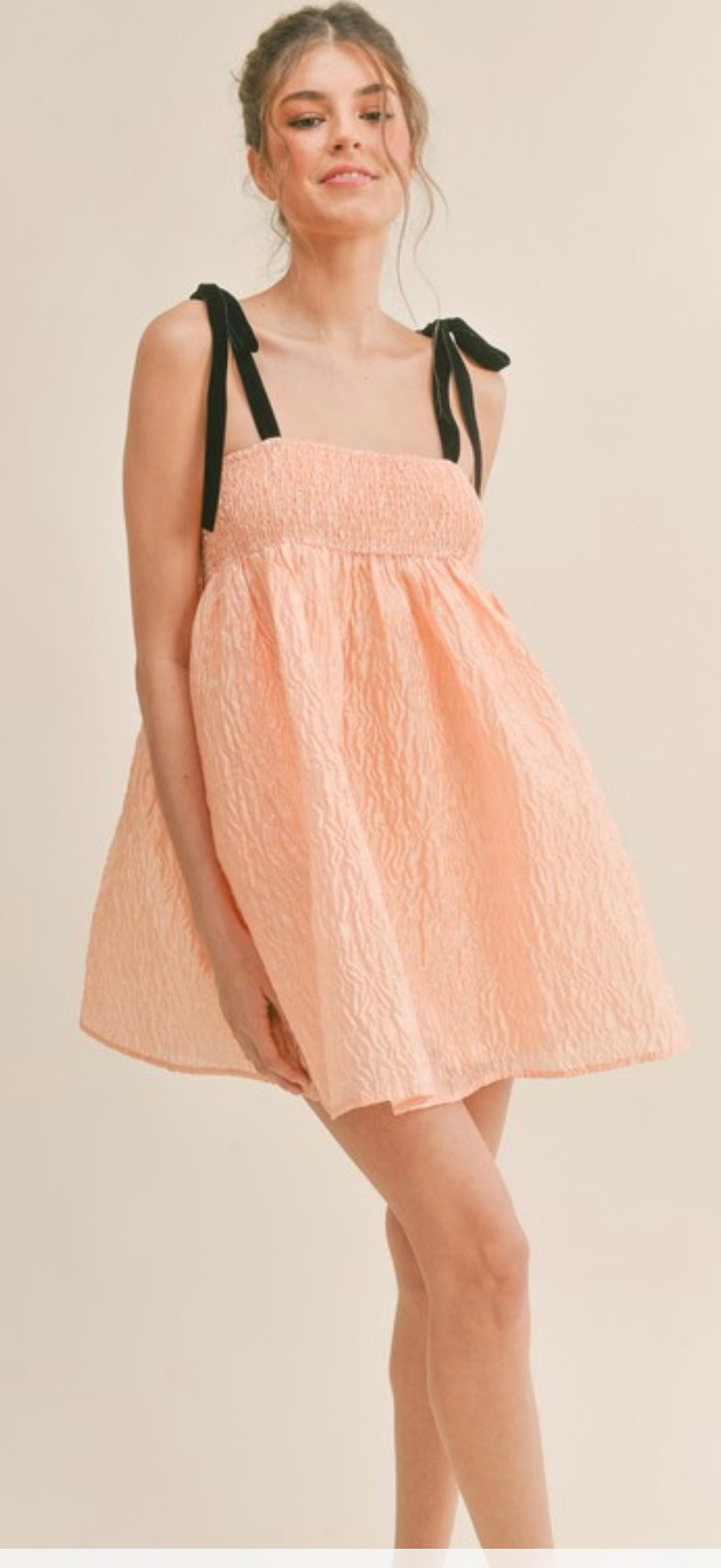 Peach Bow Strap BabyDoll Dress
