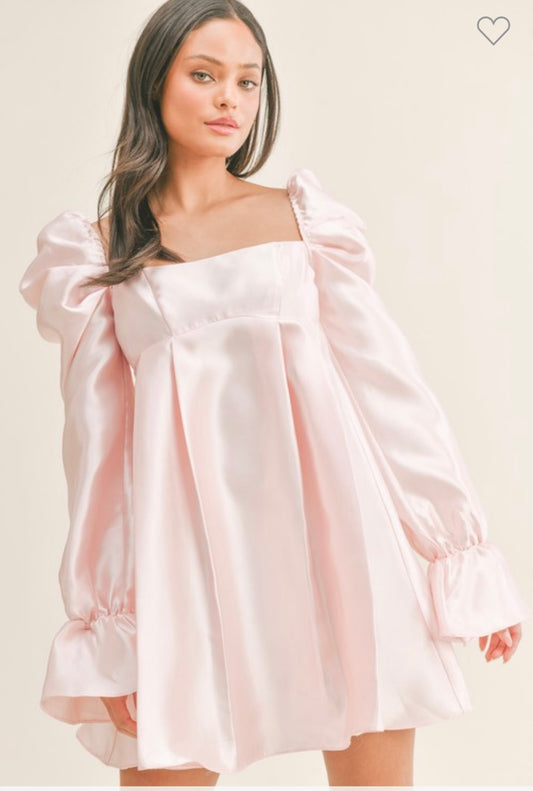 Blush BabyDoll Dress with Puff Sleeve and Bow