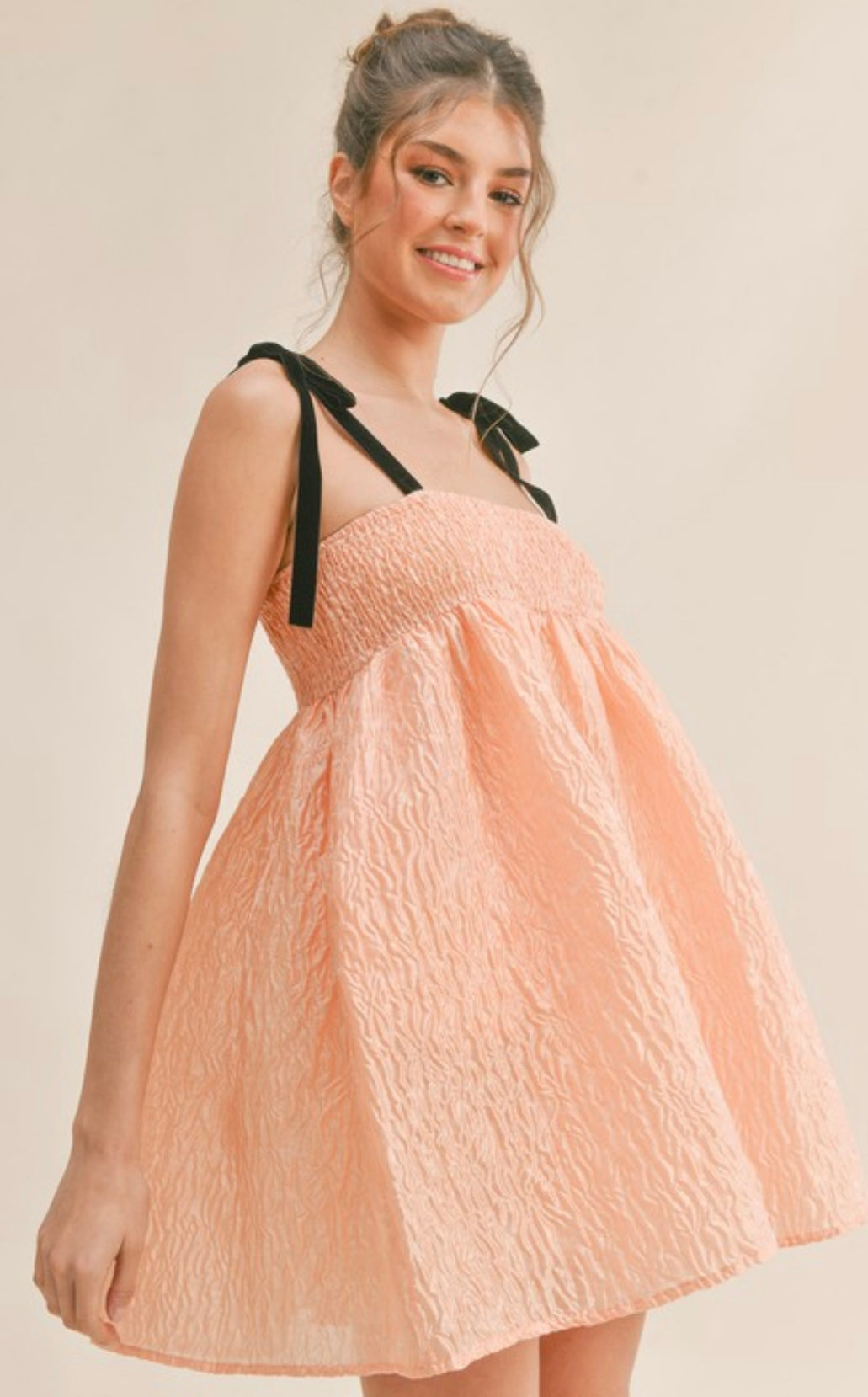 Peach Bow Strap BabyDoll Dress