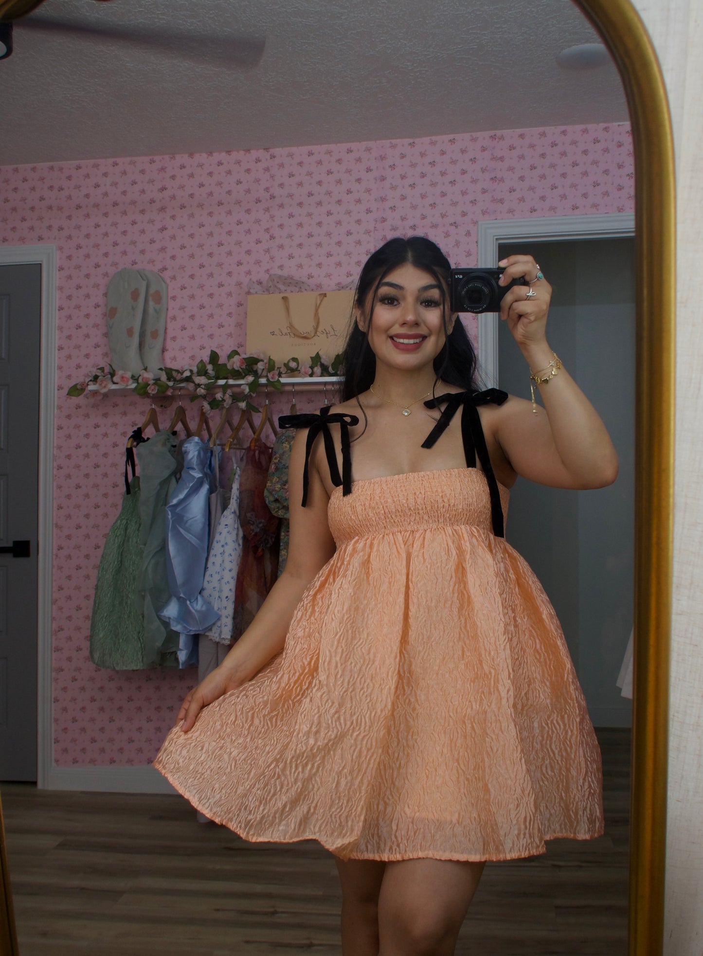 Peach Bow Strap BabyDoll Dress
