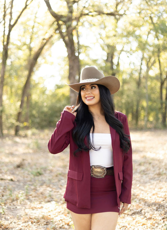 Burgundy Blazer and Skirt Set