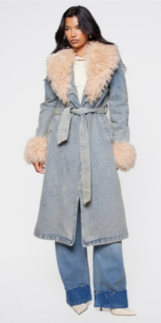 Denim Faux fur trim belted trench coat