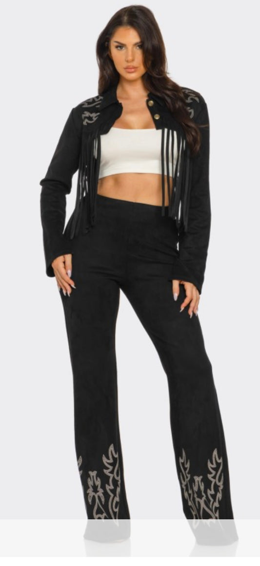 Embroidered Fringe Jacket with Pants Set