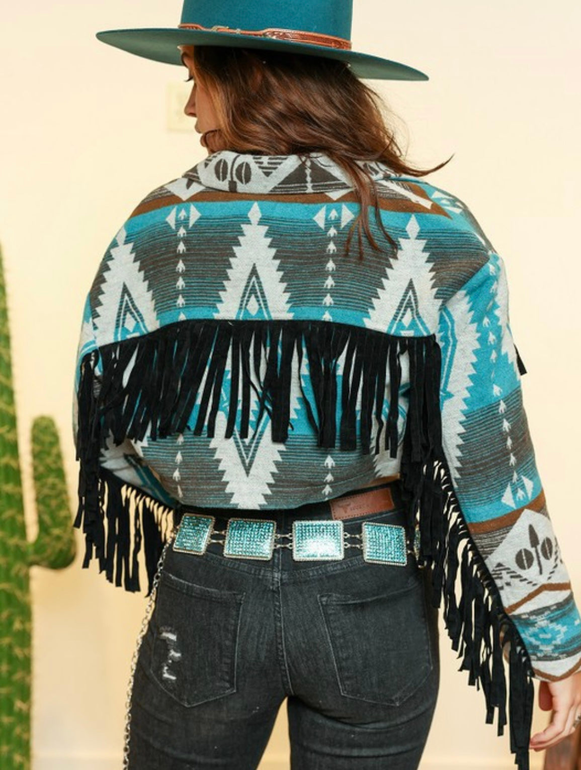 Turquoise crop Jacket w/ fringe