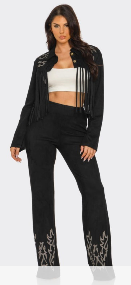 Plus size Embroidered fringe Jacket and Pants Set