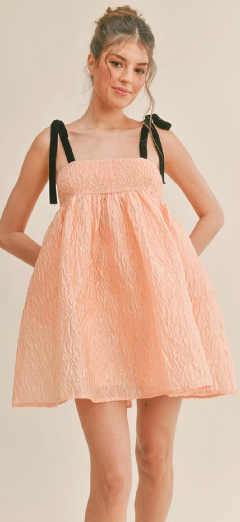 Peach Bow Strap BabyDoll Dress