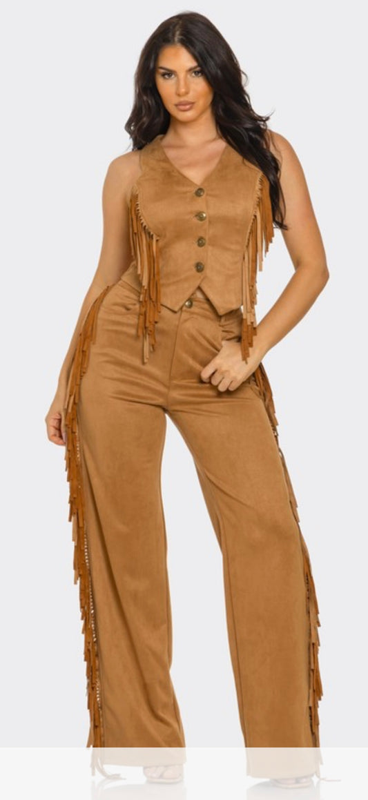 Plus size Suede fringe Vest and Pants Set