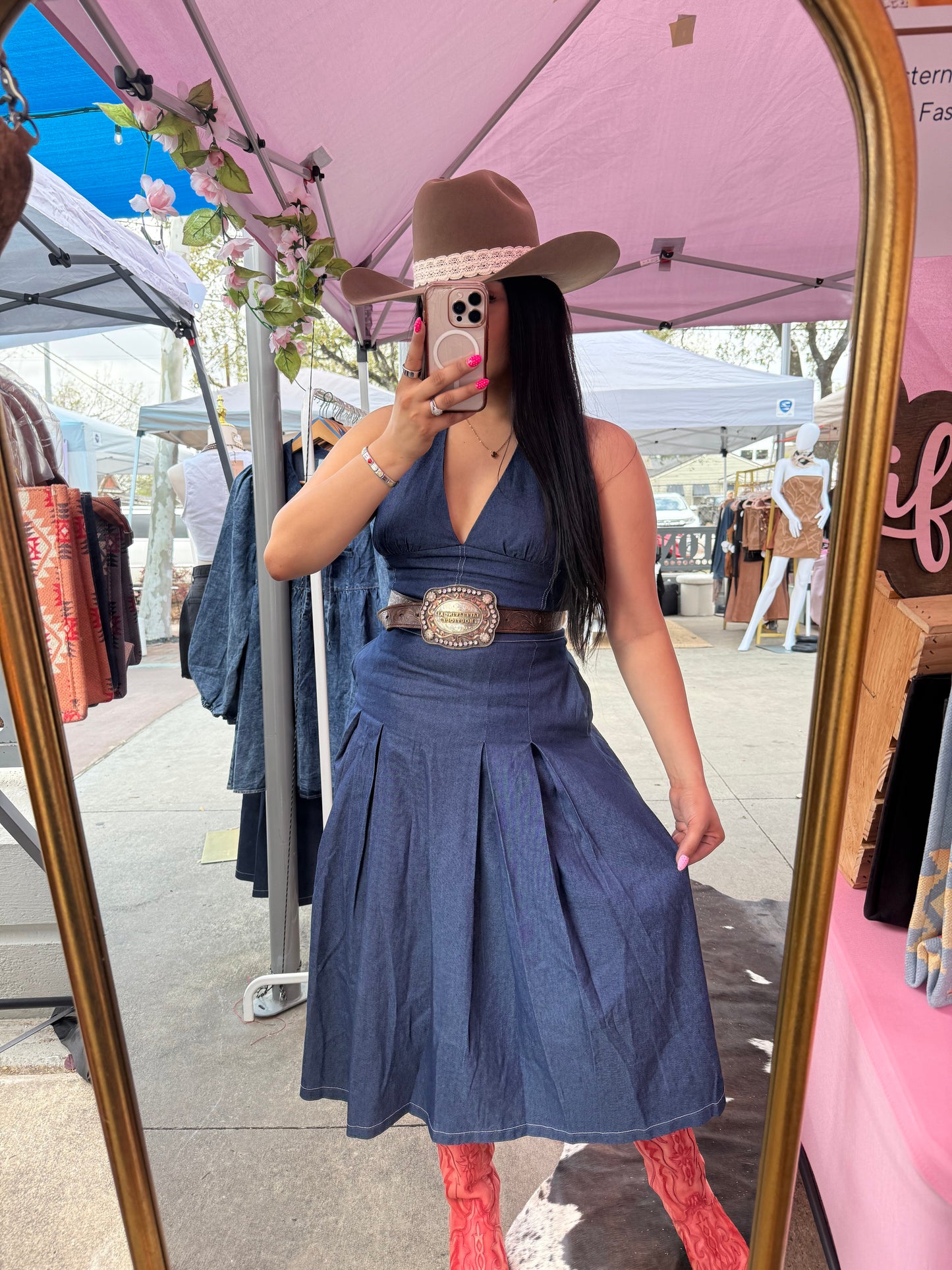 Halter Denim Midi Dress