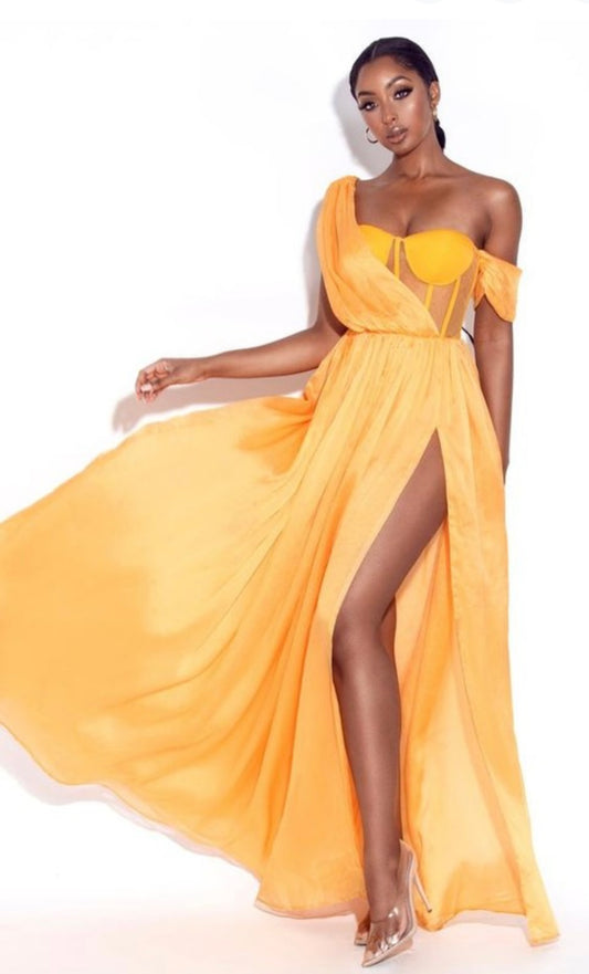 Slit Pleated Gown Dress