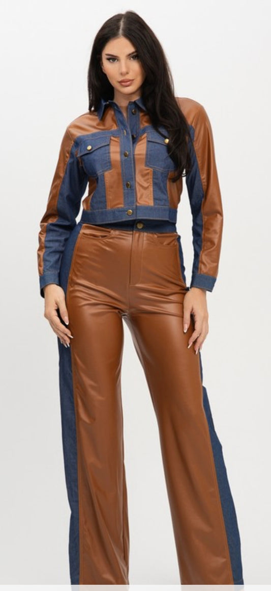 Denim brown Leather Jacket & Pants Set