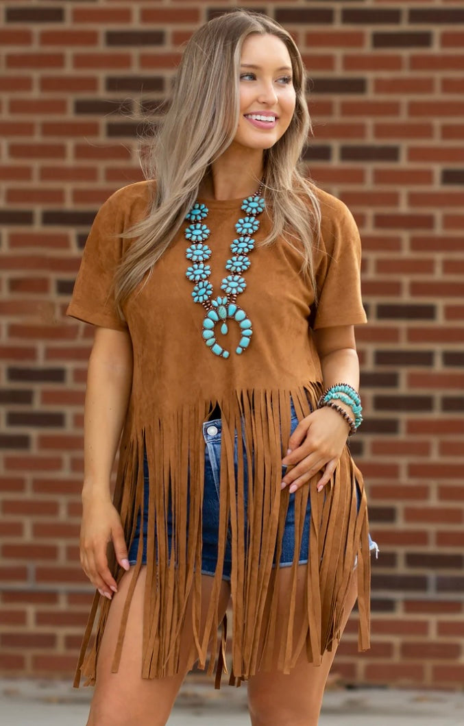 Plus size Fringe Camel Top