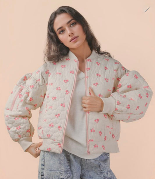 Pink Floral Printed Quilted Jacket