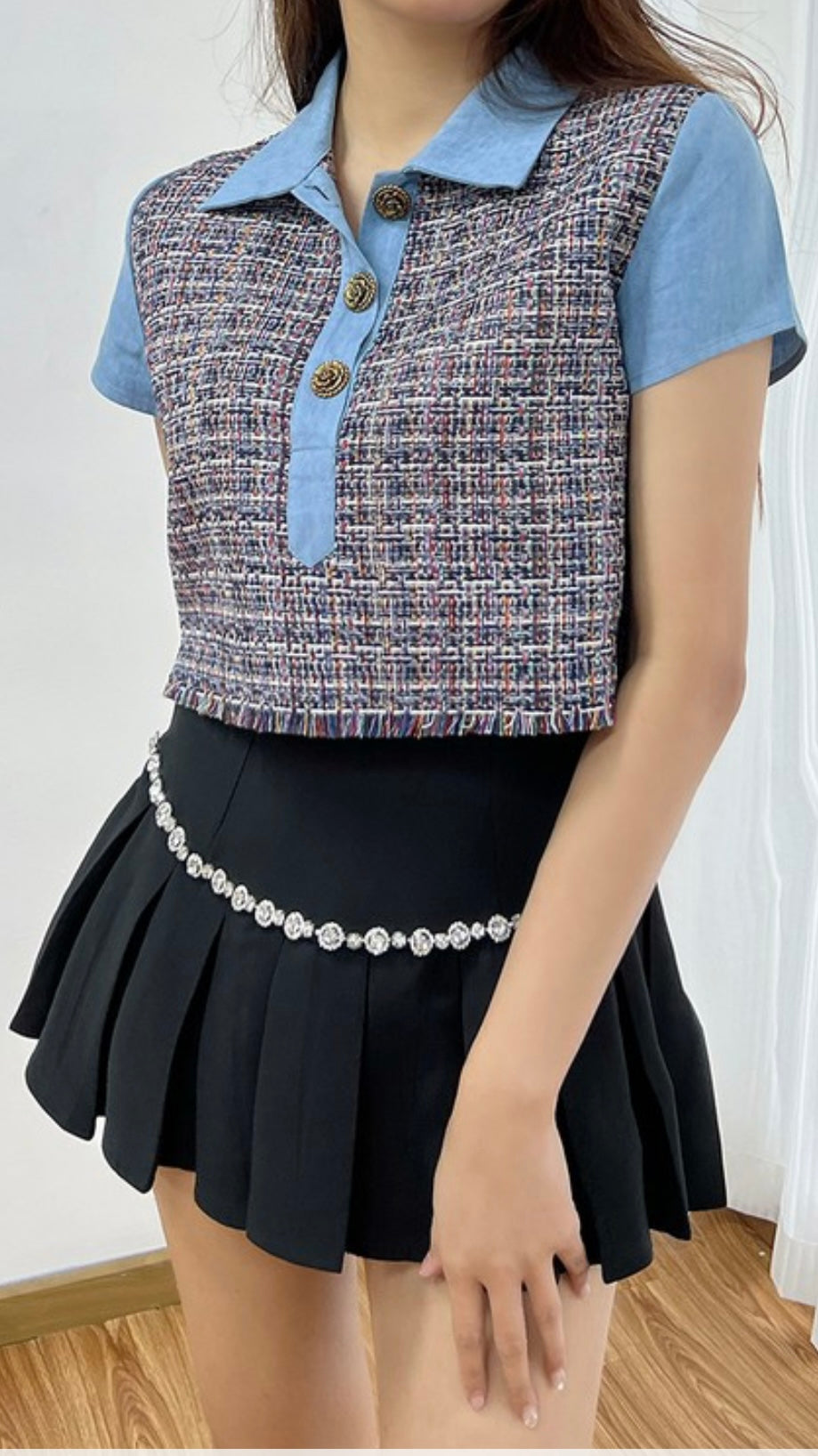 Plaid cropped Polo Top