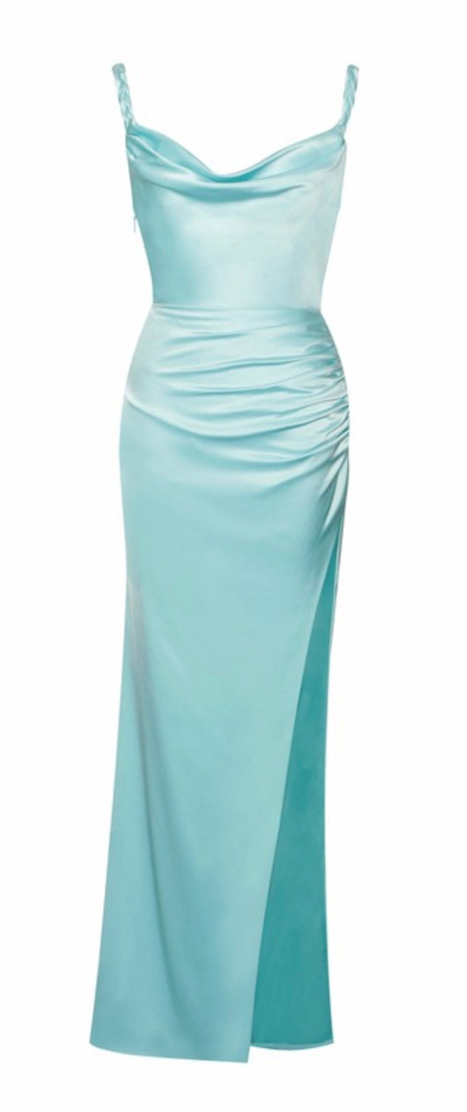 Tiffany blue backless slit Gown Dress