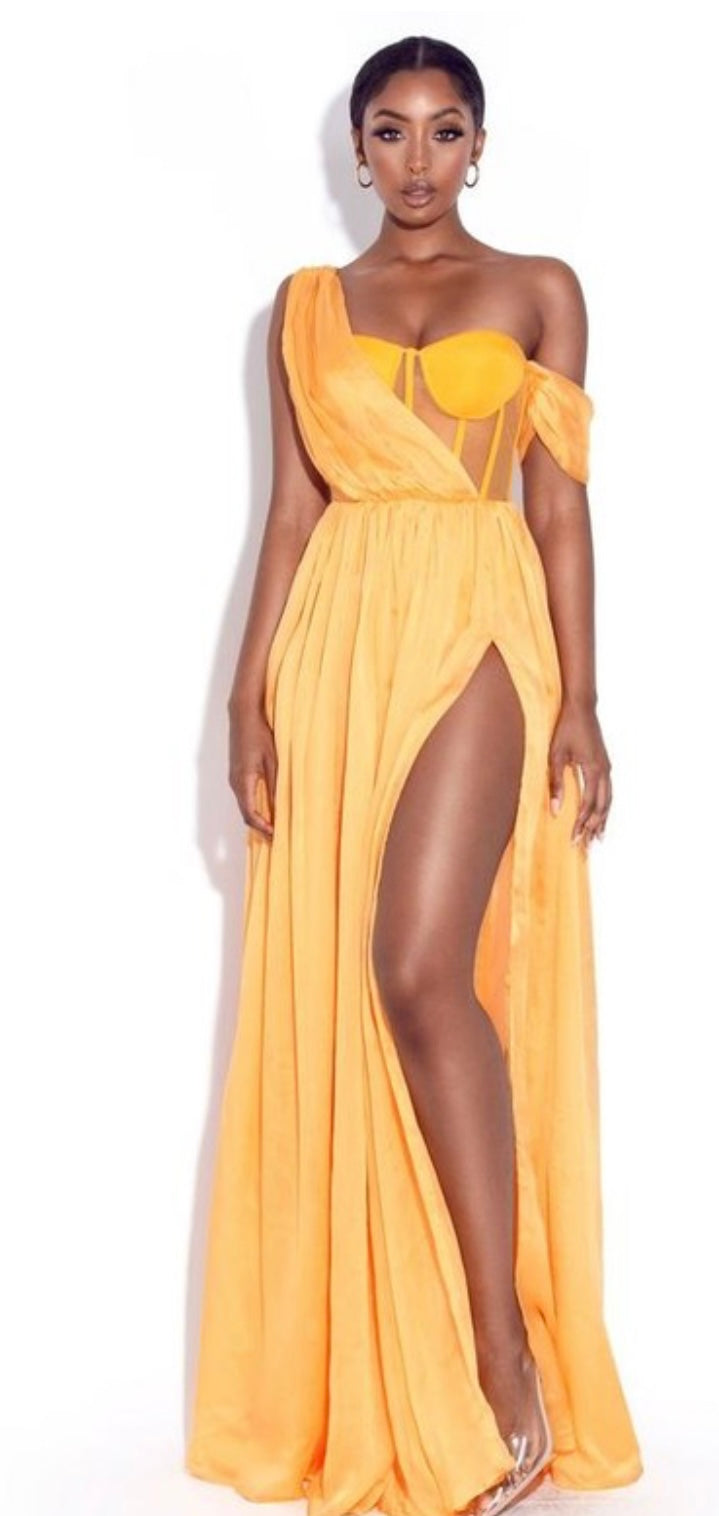 Slit Pleated Gown Dress