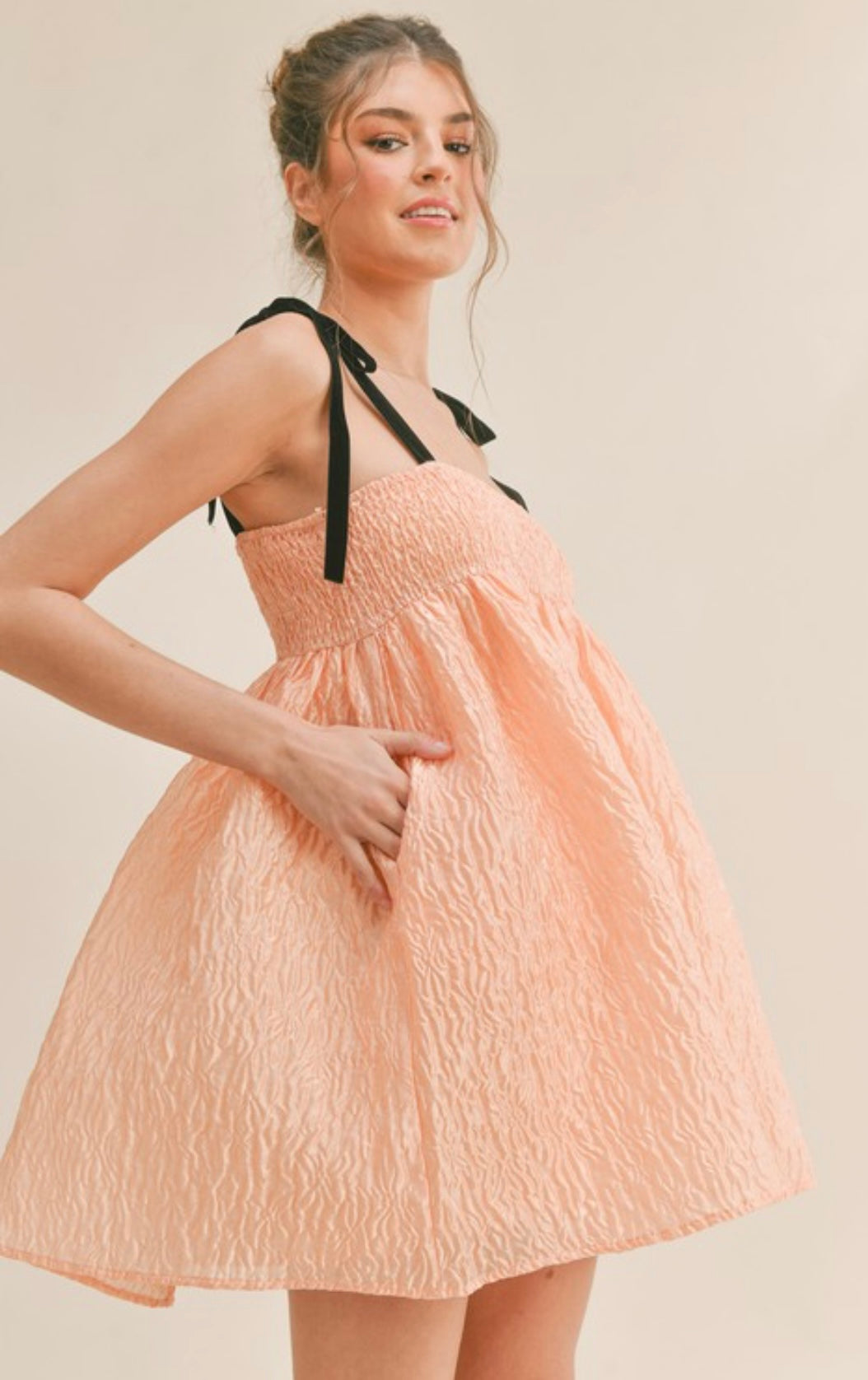 Peach Bow Strap BabyDoll Dress
