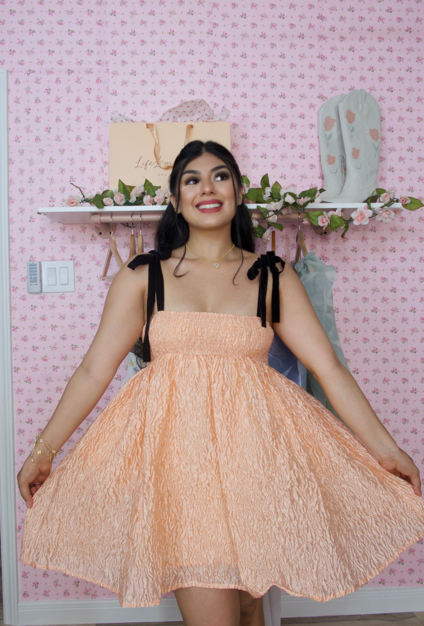 Peach Bow Strap BabyDoll Dress