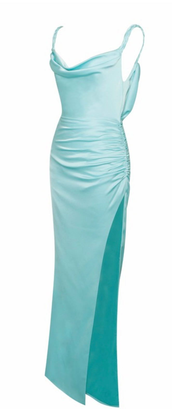 Tiffany blue backless slit Gown Dress