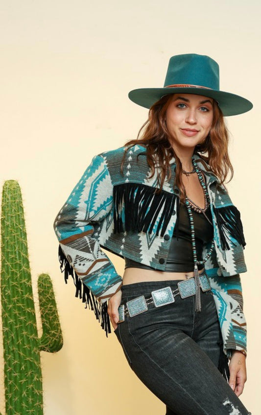 Turquoise crop Jacket w/ fringe