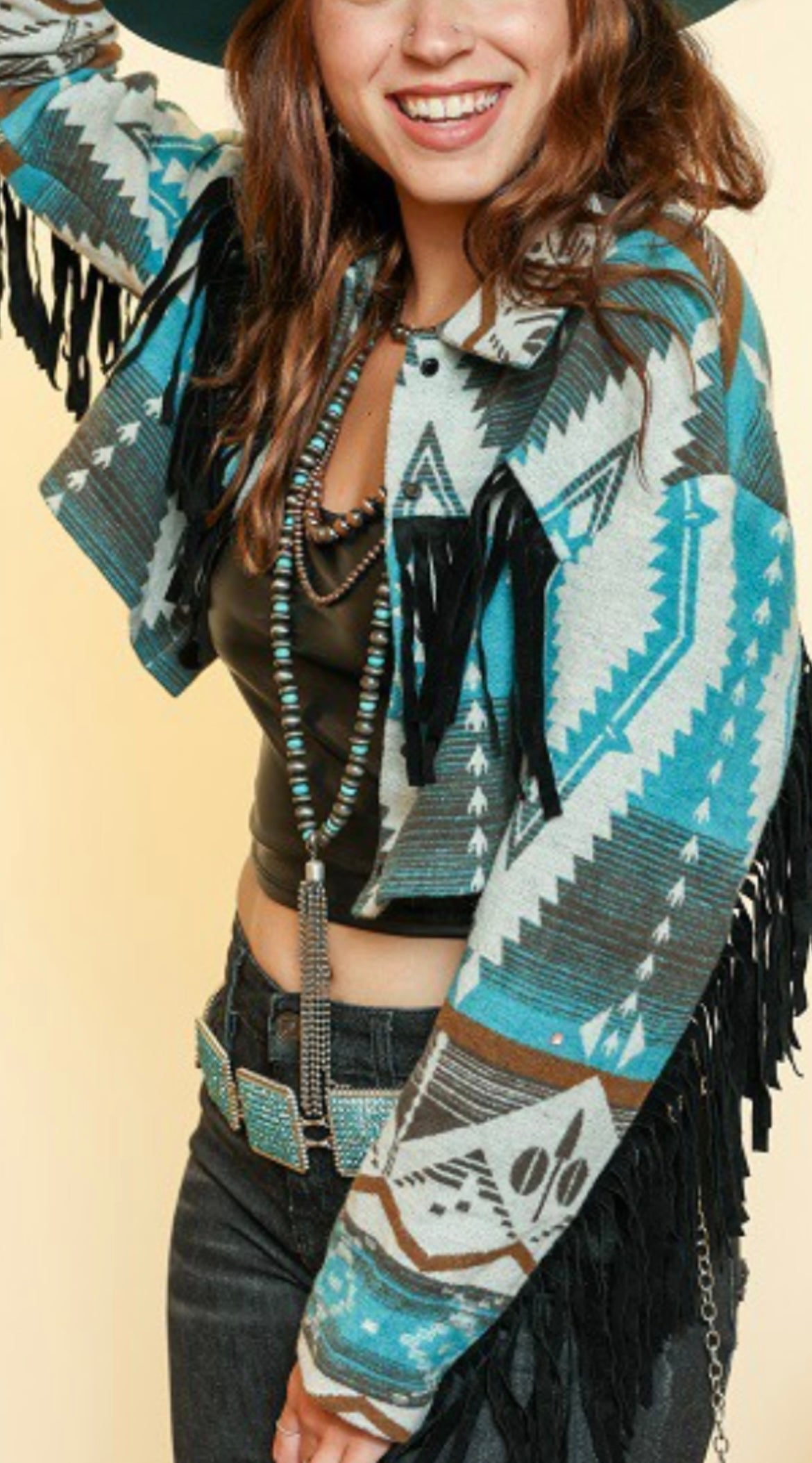 Turquoise crop Jacket w/ fringe