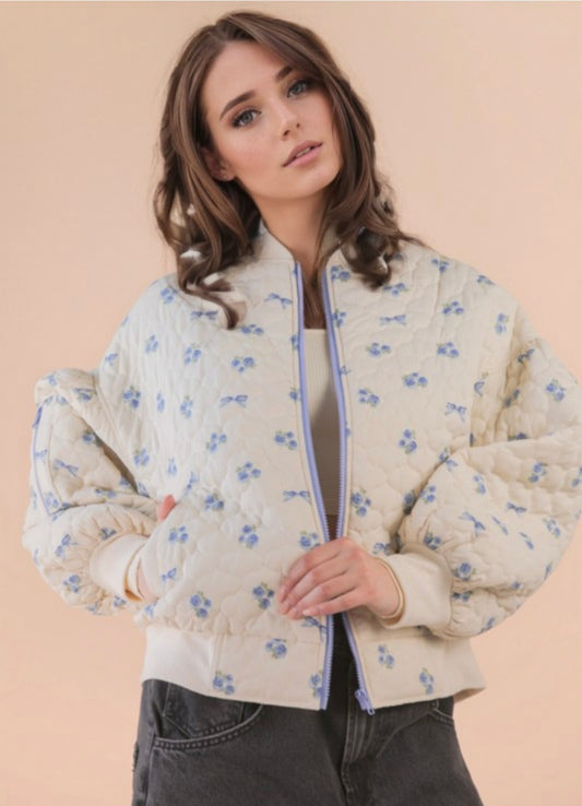 Blue Floral Print Quilted Jacket