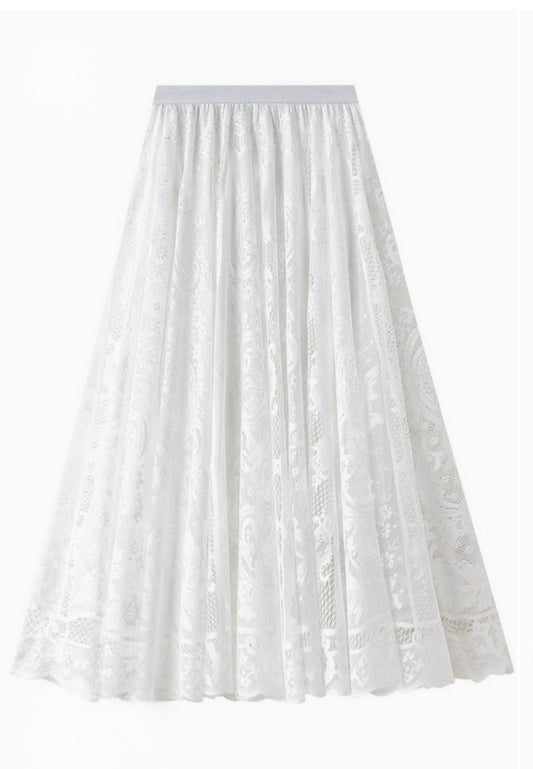 Lace Midi White Skirt