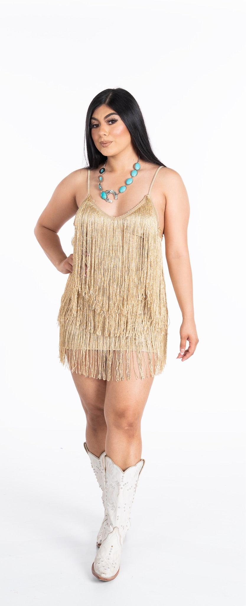 Trophy Lux Fringe Long Dress - PREORDER Ships in 30 Days Xs / Gold