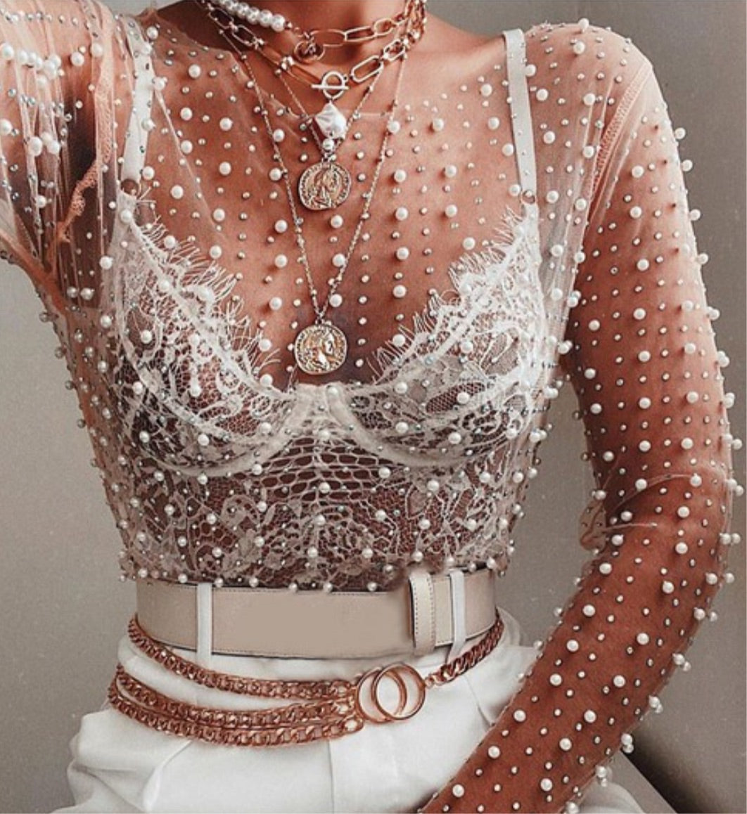 Pearl sheer mesh crop top