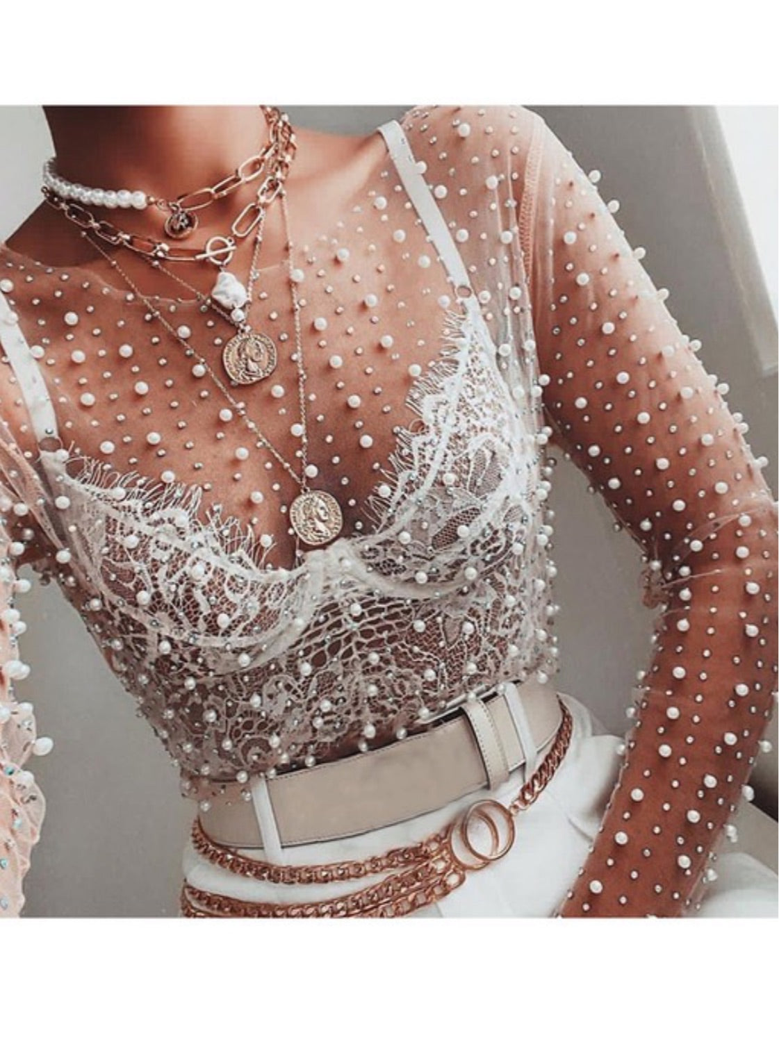 Pearl sheer mesh crop top